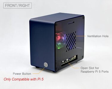 Алюмінієвий корпус ElectroCookie Mini Tower для Raspberry Pi 5 з вентилятором і змінним підсвічуванням (синій)