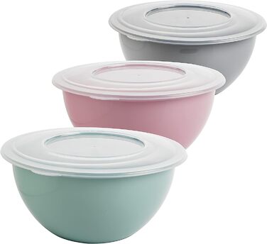 Набір салатниць з кришками 5л, 3 шт, BPA-free пластик, світло-сірий, пастельно-рожевий, пастельно-зелений, прозорі кришки, Ø28 см, Made in EU, модель Kai