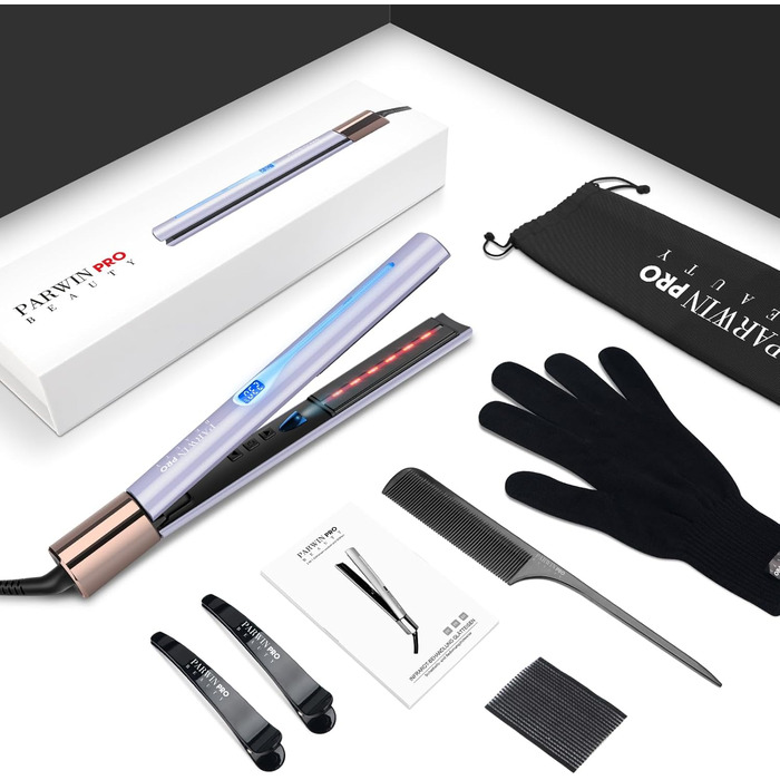 Інфрачервоний іонний випрямляч для волосся PARWIN PRO BEAUTY 2 в 1, випрямляч та плойка, інфрачервона та іонна терапія, антифриз-ефект, блиск, 14 температурних режимів, 100-230℃, фіолетовий