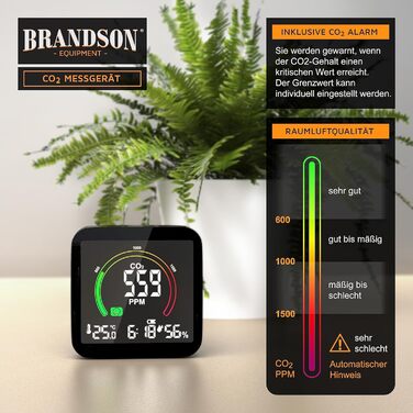 Датчик CO2 Brandson: вимірювач якості повітря, сенсор вуглекислого газу, термометр, гігрометр, індикатор CO2, рекомендації по вентиляції, будильник