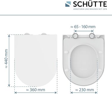 Сидіння для унітаза SCHÜTTE з мікроліфтом (D-подібне), біле, з ударостійкого дуропласту, витримує до 200 кг, з клейкими подушками для монтажу