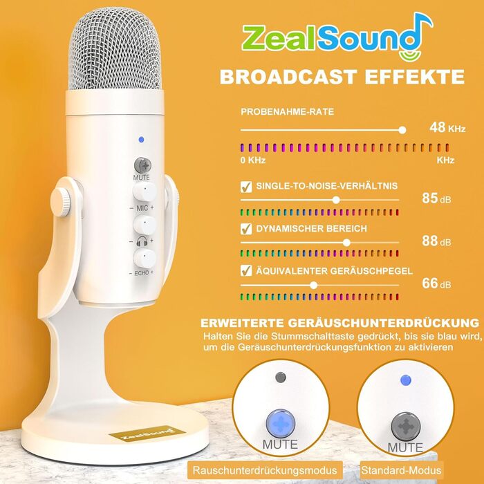 ZealSound USB мікрофон K66 перламутрово-білий, конденсаторний мікрофон для ПК, смартфонів, PS4, PS5, USB-C, для ігор, подкастів, запису, стрімінгу, зі стумом, регулюванням гейну та ефектом ехо, сумісний з Mac, Windows
