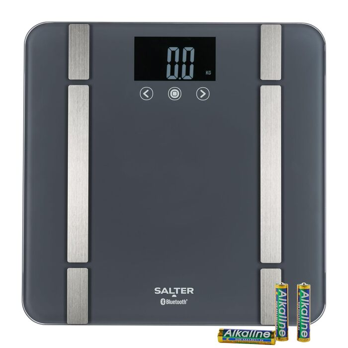 Розумні ваги Salter SA00432GFEU6 для ванної кімнати, Bluetooth, 200 кг, аналіз жиру, води, м’язової та кісткової маси, ІМТ, БМР, 8 користувачів, синхронізація з додатком Salter Health, сірі