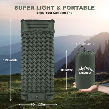 Кемпінговий надувний килимок SHANNA Outdoor: потовщений (12 см), ультралегкий матрац для походу та кемпінгу з вбудованим ножним насосом, армійський зелений