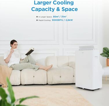 Мобільний кондиціонер Midea Silent Cool 26 Pro WF 9000 BTU, 2,6 кВт, для приміщень до 33 м², охолодження, вентиляція, осушення, з Wi-Fi, керування через додаток, Alexa, Google Home, IFTTT, з відвідним шлангом