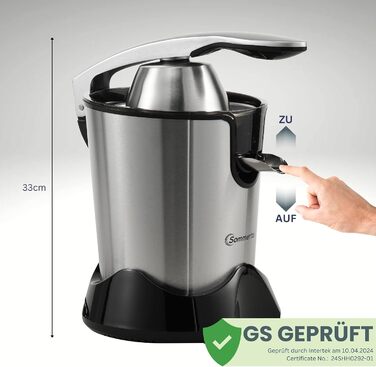 Електрична цитрусова соковижималка Sommertal CP850, 850 Вт, з двома конусами для пресування, ручна та автоматична, для апельсинів, лимонів, лаймів, з нержавіючої сталі