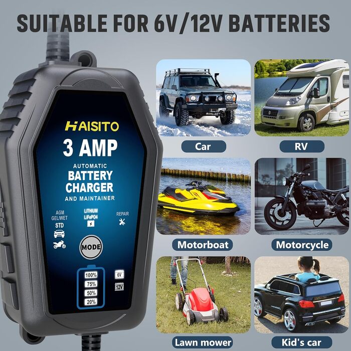 Інтелектуальне зарядне пристрій для акумулятора Haishito 12V/24V з LCD-дисплеєм та температурною компенсацією