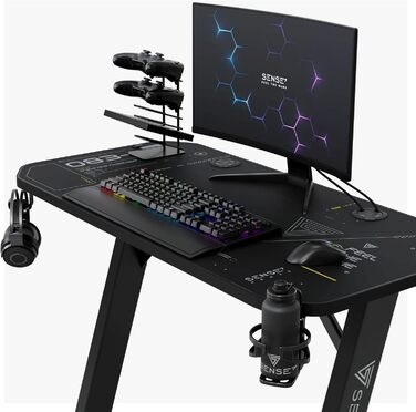 Ігровий стіл SENSE7 Nomad Cybernetic 120x60 см, комп'ютерний стіл з вуглецевим покриттям, ергономічний, з гачком для навушників, підсклянником та тримачем для контролера