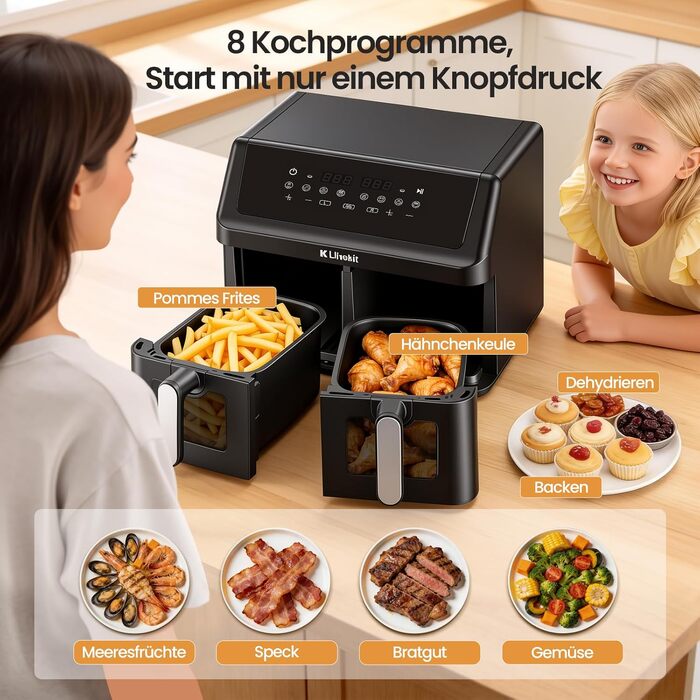 Аерофритюрниця LLIVEKIT 9L з двома камерами (2x4.5L), 8 програм, 4D конвекція, функція Sync-Finish, енергоощадна, PFOA-free, чорна