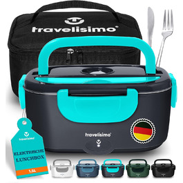 Електрична ланчбокс TRAVELISIMO 80W 1,5L 3-в-1 (12V/24V/220V) для подорожей, авто, мікрохвильовка, блакитний