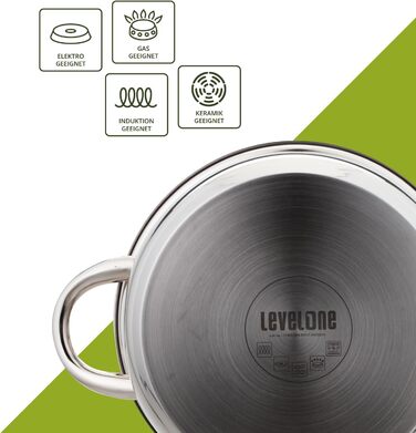Набір каструль LEVELONE 4 предмети з нержавіючої сталі для індукції, з кришками та мірною шкалою, різні розміри, поліровані, без покриття