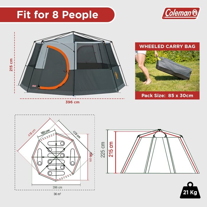 Намет Coleman Octagon з великими вікнами, 360° оглядом, сталевим каркасом, інтегрованою підлогою, водонепроникний, помаранчевий