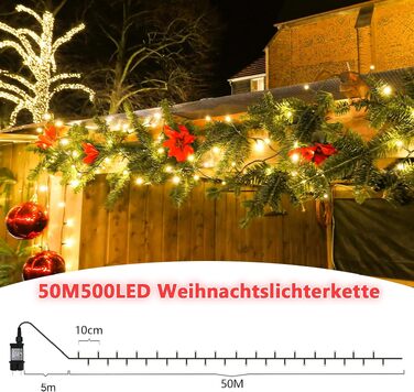 Світлодіодна гірлянда LED 50м 500 діодів, зовнішня водонепроникна (IP44) з таймером та 8 режимами освітлення, теплий білий колір для вулиці та дому