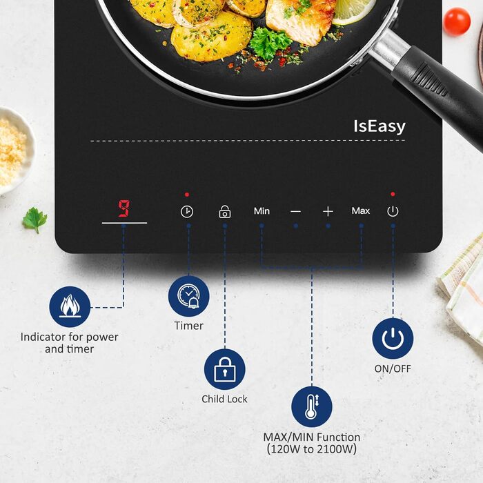 Індукційна плита IsEasy на 1 конфорку, 2100 Вт, 28 см, чорна, портативна, з таймером на 8 годин, 9 режимів нагріву, захистом від дітей