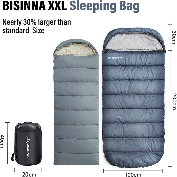 Зимовий спальний мішок BISINNA XXL для дорослих, теплий кемпінговий спальник на 3-4 сезони, поширена модель Plus Size (Сірий, 1.5 кг, блискавка справа)