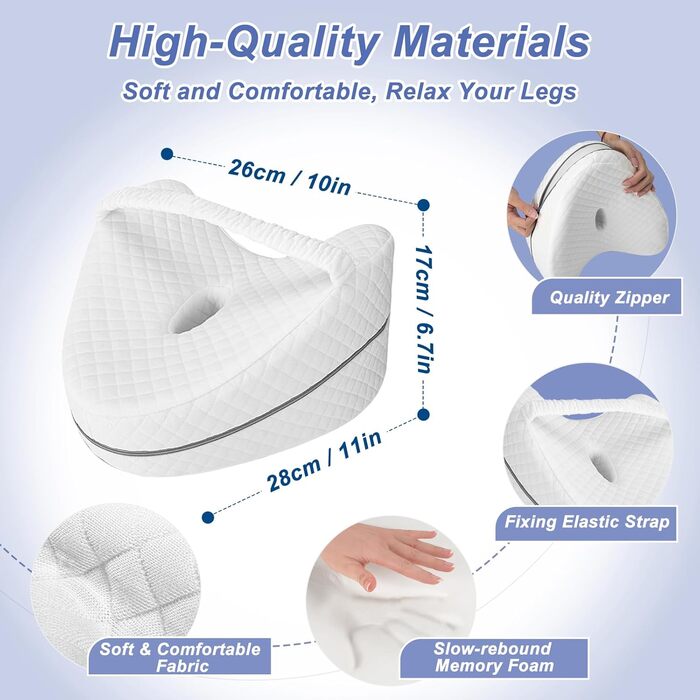 Ергономічна ортопедична подушка між колін з ефектом пам'яті (Memory Foam) для ніг, стегон та попереку, біла, зі стрічкою