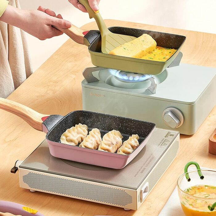 Японська омлетна сковорода Tamagoyaki HARLIANGXY, антипригарна, квадратна, з силіконовою лопаткою, без PFOA, зелена, 18,7x14,8 см