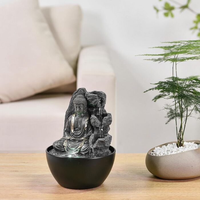 Декоративний кімнатний фонтан Будда з LED-підсвіткою, водоспад, Zen Feng Shui, Revata Zen'Light, 18 см – подарунок для дому, талісман на удачу