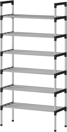 AcornFort S-504 6-рівнева срібляста металева стійка для взуття, регульовані полиці, органайзер для 18 пар, 56x30x110 см, посилена конструкція