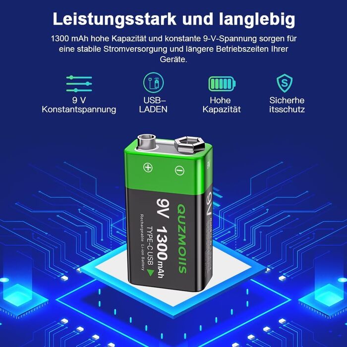 Акумулятор 9V Li-ion 1300mAh з USB-C зарядкою, перезаряджувана батарея типу «Крона» для мультиметрів та датчиків диму (2 шт)
