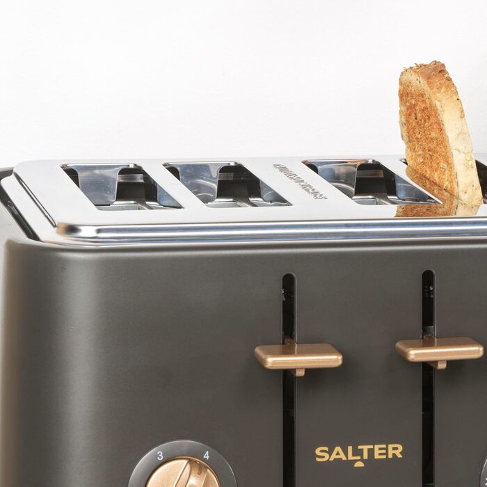 Тостер SALTER Pebble на 4 тости, чорно-сірий: розширені слоти, 6 режимів підсмажування, розморожування, підігрів, функція скасування