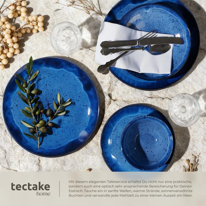 Набір посуду tectake® 30tlg. для 6 осіб, керамічний, з тарілками, мисками та чашками, придатний для миття в посудомийній машині та використання в мікрохвильовці - (24 шт., Nautic Blue)