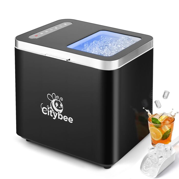 Льодогенератор Citybee компактний - 9 кубиків за 6 хвилин, 2 розміри льоду, до 14 кг/добу, самоочищення з УФ-лампою, чорний