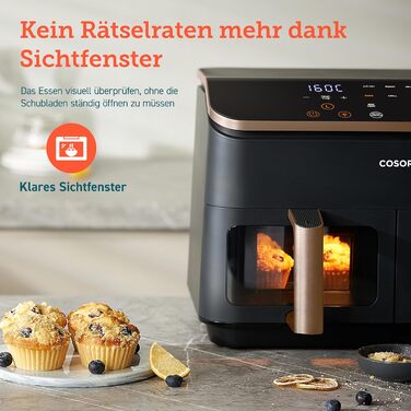 Фритюрниця з двома камерами Cosori AirFryer 8,5 л, 6-в-1, подвійна зона, з оглядовим вікном, енергозберігаюча, 50 рецептів, золота