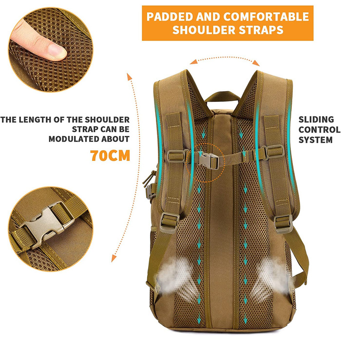 Тактичний рюкзак HUNTVP 20 л водостійкий Molle для спорту, школи, ноутбука, міський, військовий, коричневий