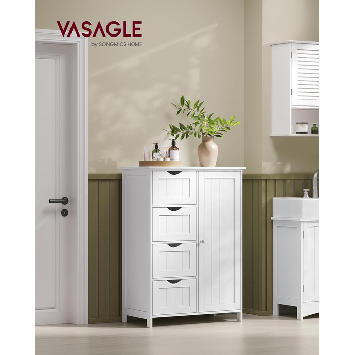 VASAGLE Шафа для ванної, вузька комода з 4 шухлядами та дверцятами, регульована полиця, 35x65x90 см, хмарно-білий