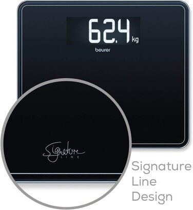 Ваги підлогові Beurer GS 410 чорні Signature Line, скляні, електронні, великий дисплей XXL, вантажопідйомність до 200 кг, 35x30 см