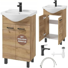 Підлогова тумба для ванної Domodomo з умивальником 85x50x41 см, комплект: керамічна раковина, сифон, чорний змішувач, дуб Craft, елегантний дизайн