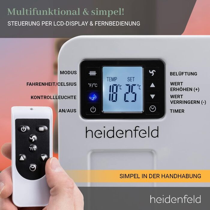 Електричний конвектор Heidenfeld EK100, 2300 Вт, з пультом, таймером і LCD-дисплеєм, для обігріву до 40 м²