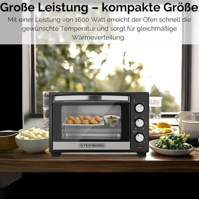 Steinborg Mini Backofen 25л – Електрична міні-піч 3-в-1 для піци та випічки з конвекцією, 1600 Вт, таймер 60 хв, деко для крихт