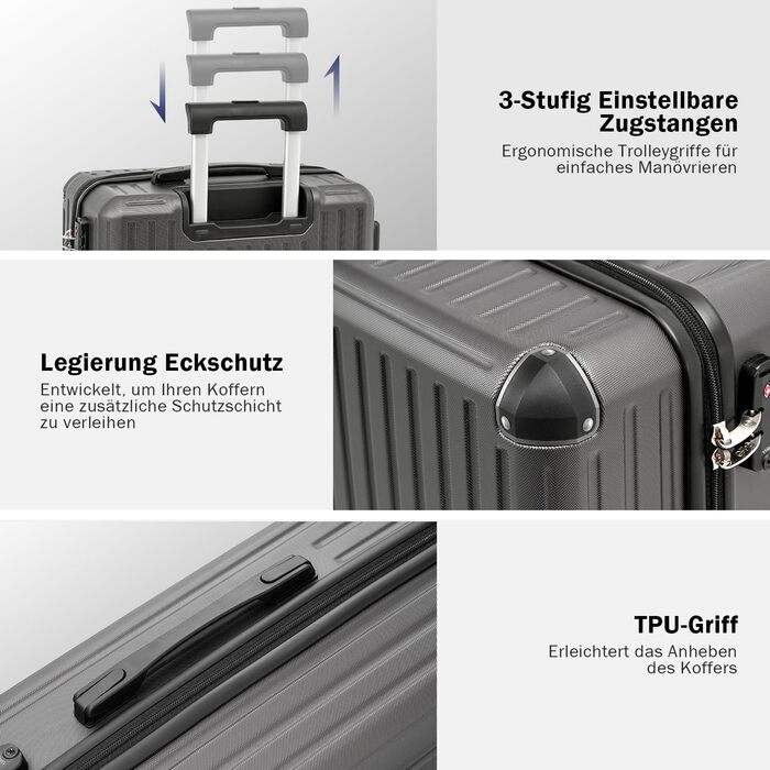 Валізи COOLIFE з ABS-пластику, жорсткий дорожній чемодан з TSA-замком, телескопічною ручкою та 4 подвійними колесами, набір валіз, сірий колір