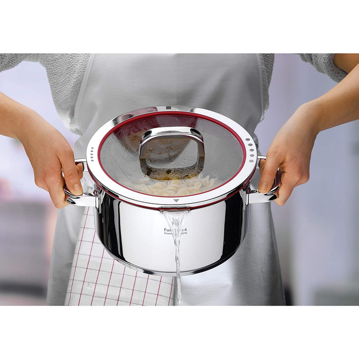 Каструля WMF Function 4, 16 см, з кришкою, 1,4 л, з нержавіючої сталі Cromargan, індукційна, з 4 функціями зливу, з внутрішньою шкалою, червона