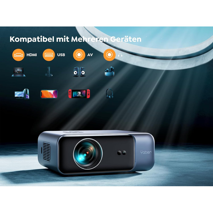Проектор для домашнього кінотеатру YABER Full HD 1080p (підтримка 4K), автофокус, корекція трапеції, WiFi 6, Bluetooth, портативний outdoor-проектор до 300 дюймів для смартфонів, Fire TV Stick та PS5