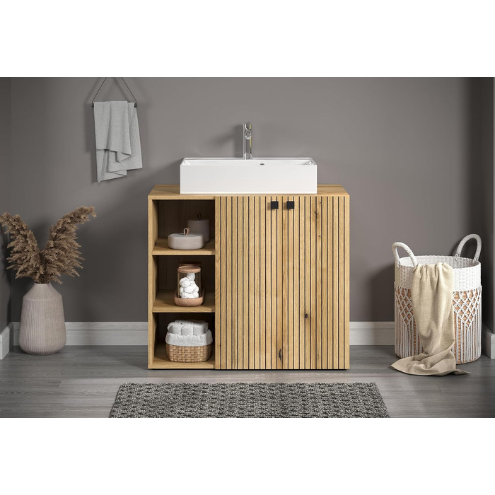 Тумба під раковину на колесахх trendteam PureBliss, 80x64x42 см, дуб Evoke, з 2 відкритими полицями та металевими ручками