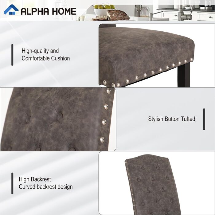 Набір з 4 стільців ALPHA HOME для їдальні та кухні, сірі, з м'яким сидінням зі штучної шкіри та високою спинкою, масивні дерев'яні ніжки