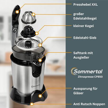 Електрична цитрусова соковижималка Sommertal CP850, 850 Вт, з двома конусами для пресування, ручна та автоматична, для апельсинів, лимонів, лаймів, з нержавіючої сталі