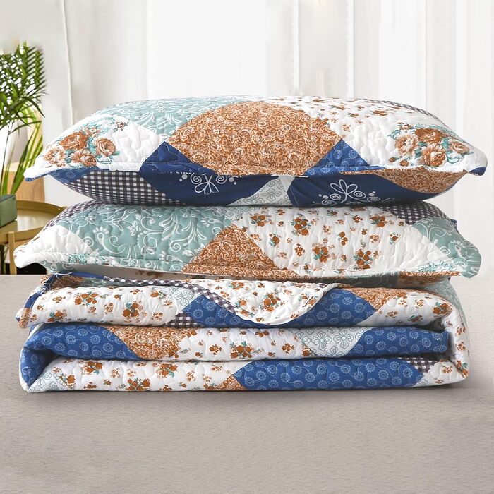 Покривало-печворк WONGS BEDDING 240x260 см з мікрофібри, стьобане, квітковий візерунок, чорне-сіре, з 2 наволочками 48x75 см