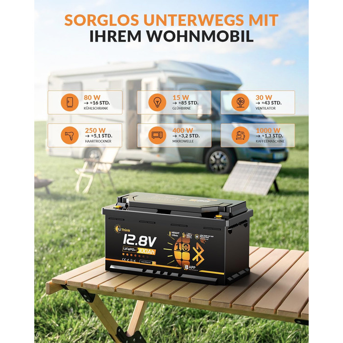 LiFePO4 акумулятор 12V 100Ah H190 з Bluetooth 5.4 для кемперів та житлових будинків на колесах, сертифікація ECE R10