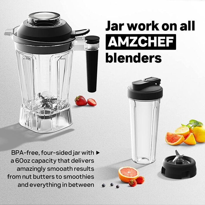 Потужний блендер AMZCHEF 2-в-1 з двома чашами 2000 Вт, стаціонарний міксер-смузі мейкер 1,85 л, 6 лез, портативний блендер 600 мл з кришкою, сірий