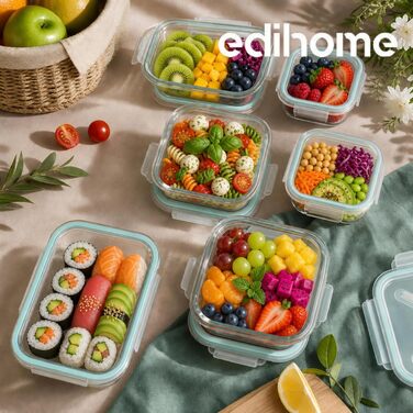 Набір скляних контейнерів для зберігання їжі з кришками edihome, 14 предметів (7 контейнерів + 7 кришок), герметичні прозорі контейнери для продуктів, BPA-free