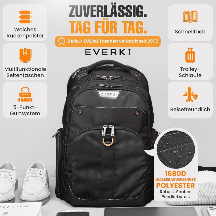 Бізнес-рюкзак для ноутбука Everki Atlas 32L (13–17.3 дюймів) ергономічний дорожній рюкзак з регульованим відділенням, чорний