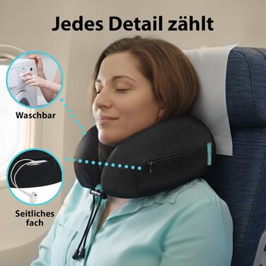 Подушка для шиї FLOWZOOM Comfy для літака та авто - регульована подушка з піною з пам'яті з гнучкими кнопками для 360° підтримки, дихаючий, пральний чохол - з сумкою - Чорний (Dream - Classic - Чорний)