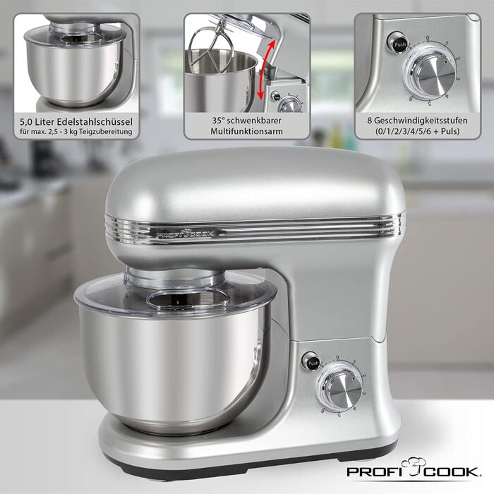Міксер ProfiCook PC-KM 1222 W з чашею 5 л, вагами та спеціальним редуктором, 1200 Вт, 8 швидкостей, нержавіюча сталь