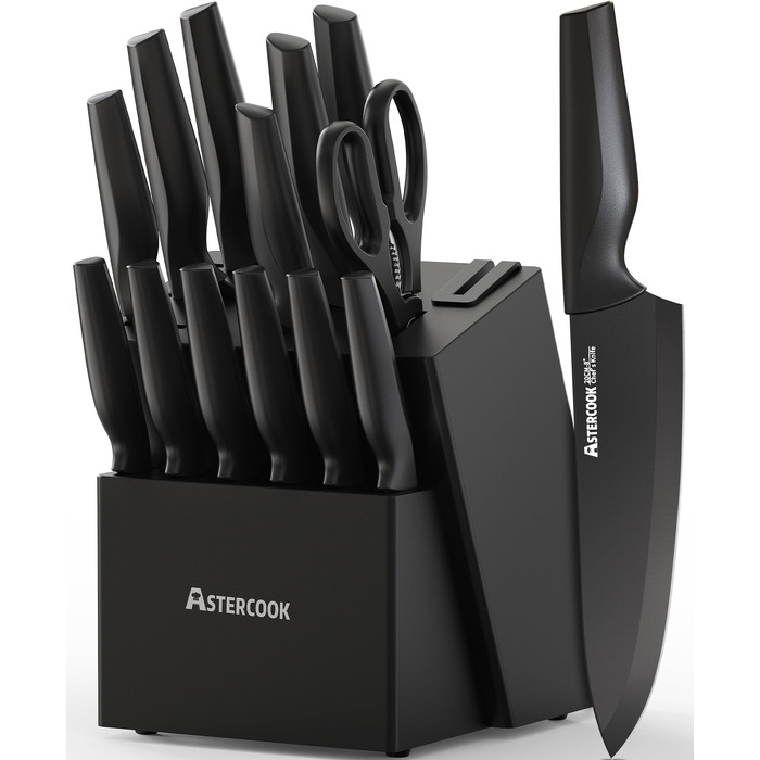 Набір кухонних ножів Astercook з підставкою та вбудованим точилом, 15 предметів, нержавіюча сталь, чорний