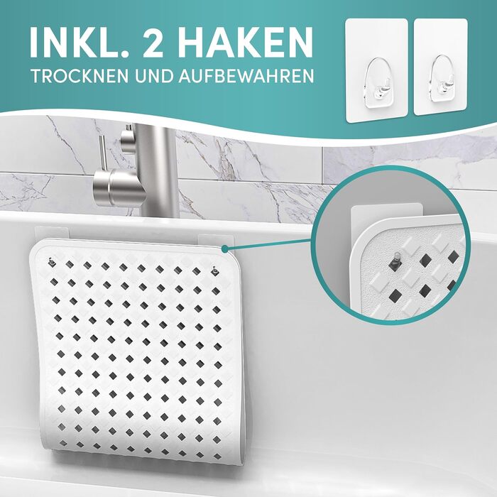 Протиковзкий килимок Engelbach для ванни, 88x40 см, білий, 100% BPA-free, з 2 гачками, антипліснявий, машинне прання