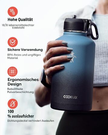Термобутилка Coolflask 2Л зі сталі нержавіюючої з соломинкою та 3 кришками, вакуумний ізольований спорт-флакон для води та офісу, герметична, колір Indigo Black
